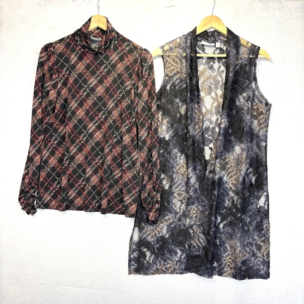 Lot of 2 Susan Graver Set Womens Small Black Plaid Top Lace Long Duster Vest